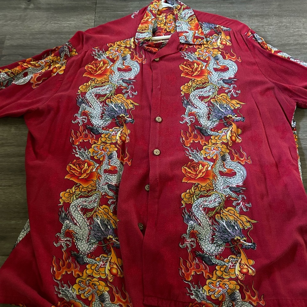 Red Dragon Print Button-Up Shirt